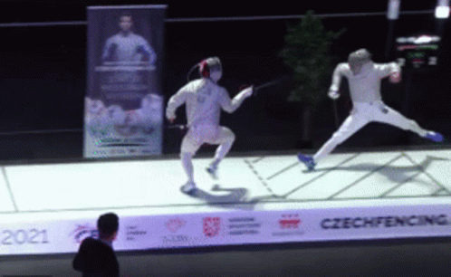 Two Fencers Are Fighting On A Fence That Says Czech Fencers On It GIF