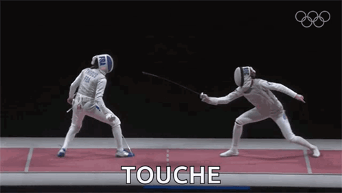 Two Fencers Are Fighting With The Word Touche In The Corner GIF