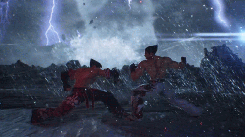 Two Fighters Are Fighting In A Video Game With Lightning In The Background GIF