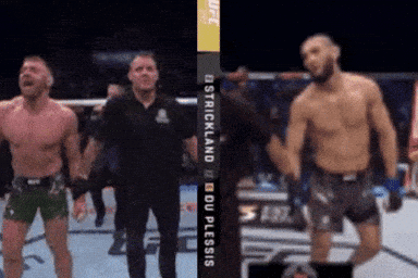 Two Fighters Are Standing In Front Of A Sign That Says Ostrichland Du Plessis GIF