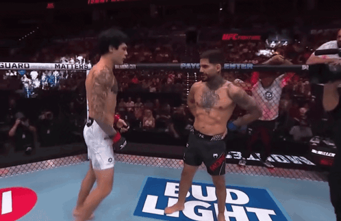 two fighters in a boxing ring with a bud light advertisement on the floor