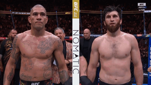 Two Fighters Standing Next To Each Other With Ufc Written On The Bottom Right GIF