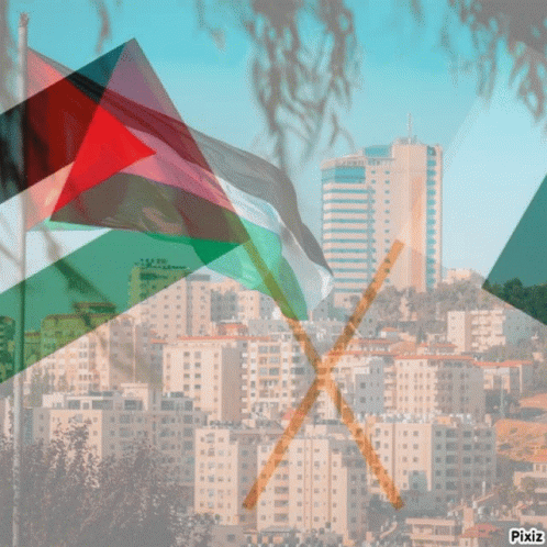 Two Flags Are Crossed In Front Of A Cityscape With Pixiz Written On The Bottom GIF