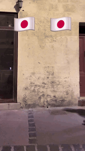 Two Flags Are Flying In Front Of A Building GIF