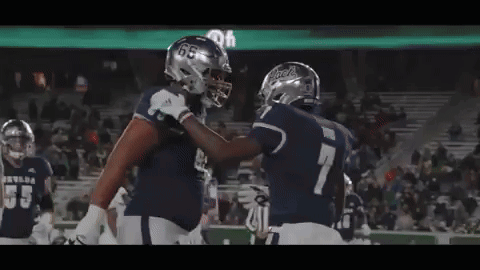 two football players are hugging each other on the field