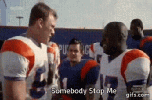Two Football Players Are Talking To Each Other And One Of Them Is Saying Somebody Stop Me GIF