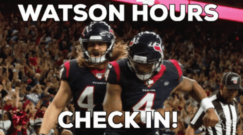 Two Football Players Standing Next To Each Other With The Words Watson Hours Check In Below Them GIF