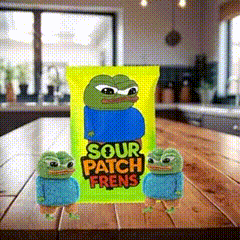 Two Frogs Are Standing Next To A Bag Of Sour Patch Frens On A Table . GIF