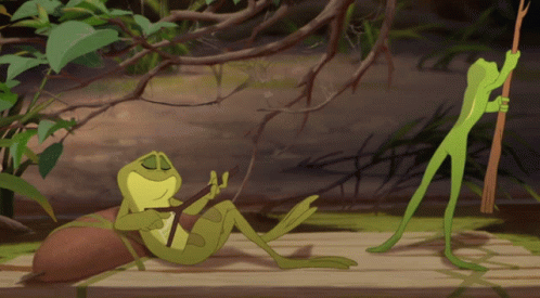 Two Frogs On Wooden Dock One Holding Spear GIF