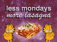 Two Garfield Characters Standing Next To A Slice Of Lasagna GIF