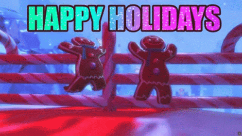 Two Gingerbread Men On A Candy Cane Fence With The Words Happy Holidays GIF
