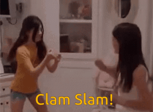 two girls are fighting in a kitchen and the words clam slam are visible