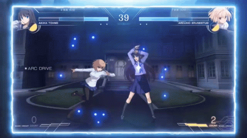 Two Girls Are Fighting In A Video Game With Arc Drive Written On The Screen GIF