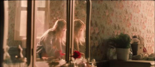 Two Girls Are Looking At Themselves In The Mirror GIF