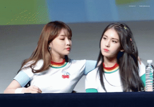 Two Girls Are Standing Next To Each Other With One Wearing A Rainbow Shirt With Cherries On It GIF