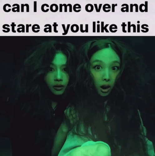 two girls are standing next to each other with the words can i come over and stare at you like this