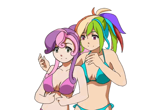 Two Girls in Bikinis with Rainbow Hair