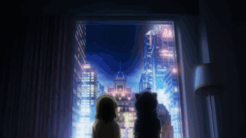 Two Girls Looking Out Window At Night GIF