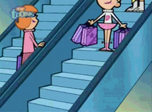 Two Girls On Escalator With Toons GIF