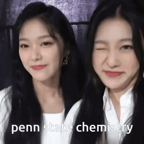Two Girls Posing One Wearing Penn State Chemistry Shirt GIF