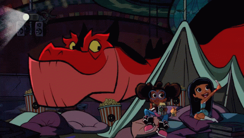 Two Girls Sitting in Tent with Red Dragon