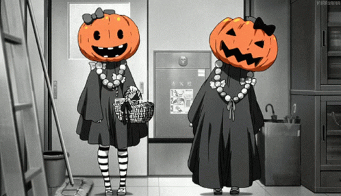 Two Girls With Pumpkins On Their Heads Are Standing In A Hallway GIF