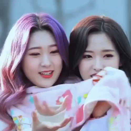 Two Girls With Purple Hair Smiling GIF