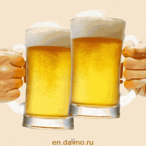 Two Glasses Of Beer Are Being Held In Front Of A Sign That Says " Happy Birthday Jee " GIF