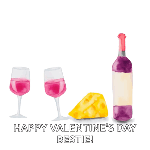 Two Glasses Of Wine A Bottle Of Wine And A Piece Of Cheese On A Valentine 'S Day Card GIF