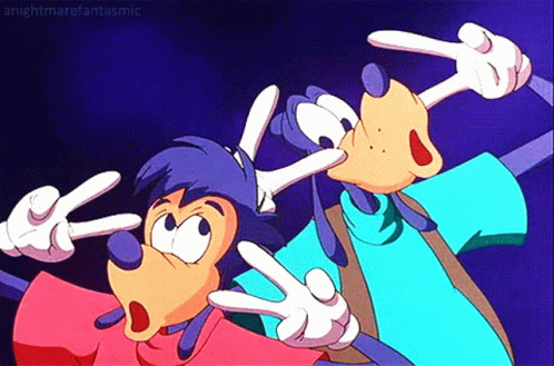 Two Goofy Cartoon Characters Giving A Peace Sign In Front Of A Dark Background GIF
