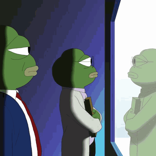 Two Green Frogs in Suits Looking Out Window