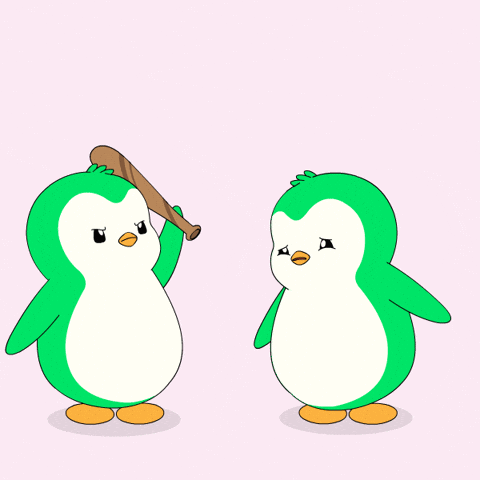Two Green Penguins Are Standing Next To Each Other And One Is Holding A Bat And The Word Bonk Is On The Bottom GIF