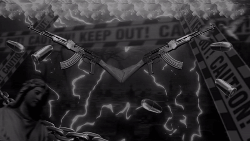 two guns are surrounded by bullets and a caution tape