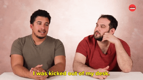 Two Guys Kicked Out Of Desk GIF