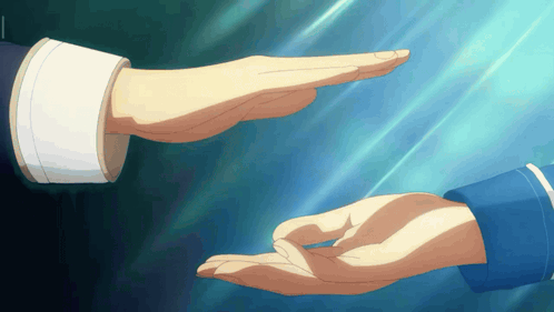 Two Hands Are Reaching Out Towards Each Other In A Blue Background GIF