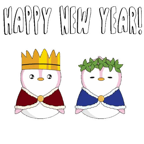 Two Happy New Year Penguins in Crowns and Robes