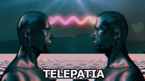 Two Heads Are Looking At Each Other And The Words Telepatia Are On The Bottom GIF