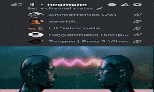 Two Heads Are Looking At Each Other In Front Of A Screen That Says " Ngomong " GIF