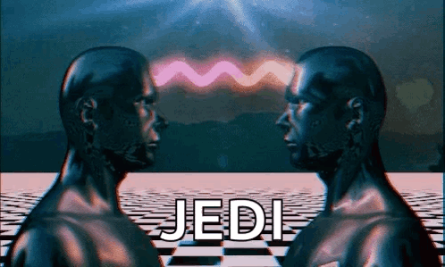 Two Heads Are Standing Next To Each Other With The Word Jedi In The Background . GIF