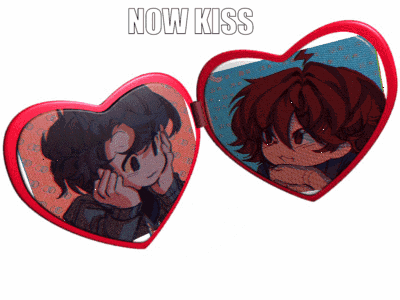 Two Heart Shaped Mirrors With The Words Now Kiss On The Bottom GIF