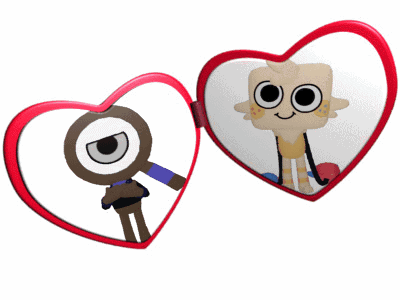 Two Heart Shaped Mirrors With Two Cartoon Characters On Them GIF
