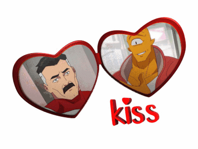 two hearts with cartoon characters and the word kiss in red