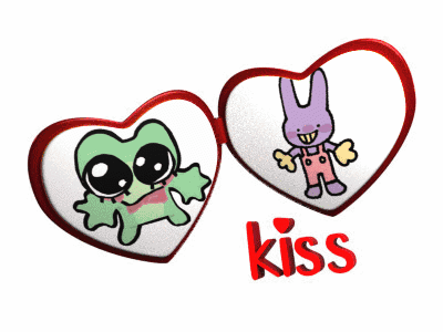 Two Hearts With Frog and Rabbit Saying Kiss