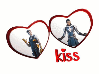 Two Hearts with Man in Suit and Word Kiss