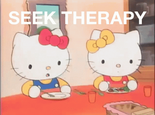 Two Hello Kitty Characters Sitting At A Table With The Words Seek Therapy Written Above Them GIF