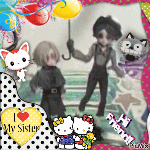 Two Hello Kitty Dolls And Boy Holding Umbrella GIF