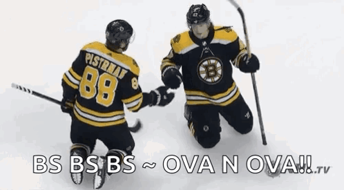 Two Hockey Players Are Kneeling On The Ice With The Words Bs Bs Bs Ova N Ova GIF