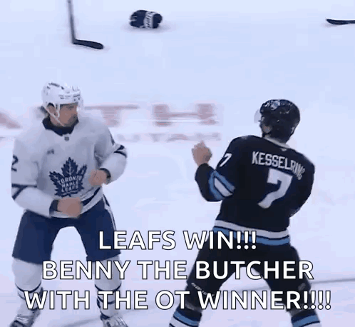 Two Hockey Players Fighting on Ice Number 7 Jersey