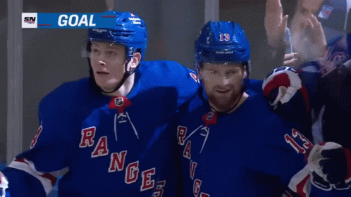 Two Hockey Players Wearing Blue Rangers Jerseys Are Standing Next To Each Other GIF