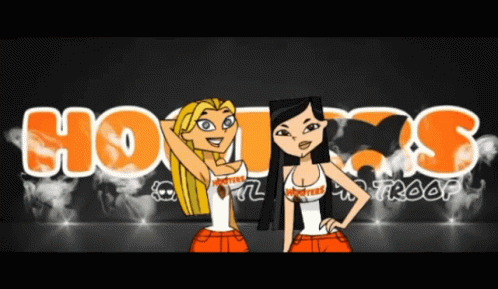 Two Hooters Troop Girls In Front Of Hooters Logo GIF